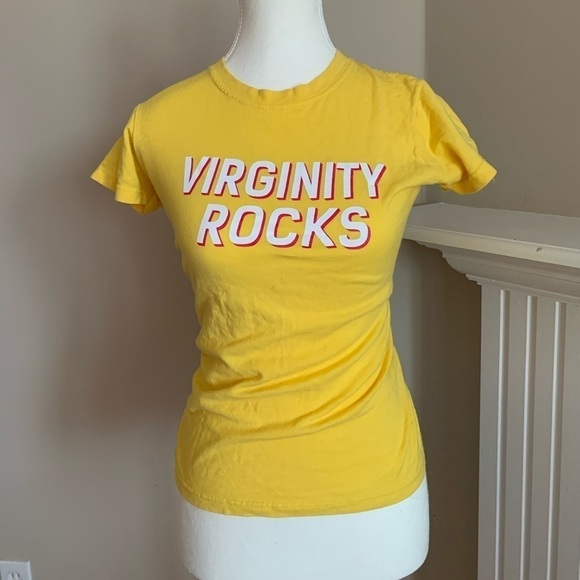 “VIRGINITY ROCKS” Yellow Fitted Tee, Size S - Picture 1 of 3